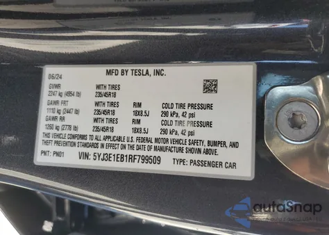 2024 Tesla Model 3 из США, поврежденный, VIN 5YJ3E1EB1RF799509